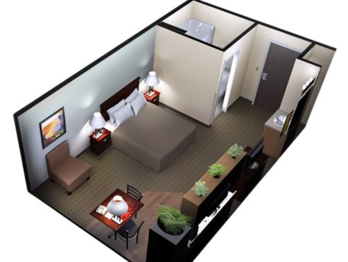 Single Queen Room Floor Plan at Aptel Studio Hotel in Anchorage AK