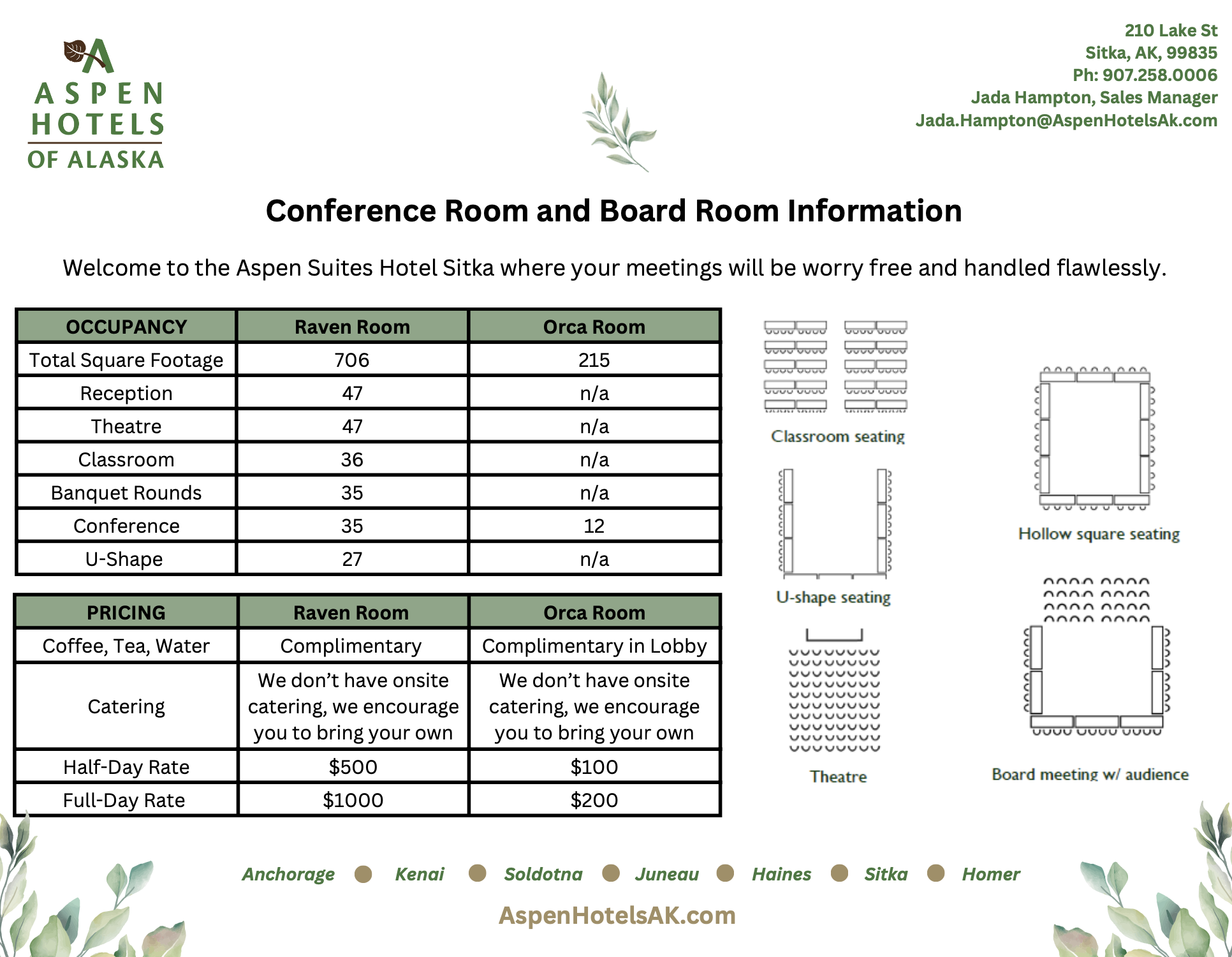 Conference Room and Board Room information for Aspen Suites Hotel in Sitka, Alaska