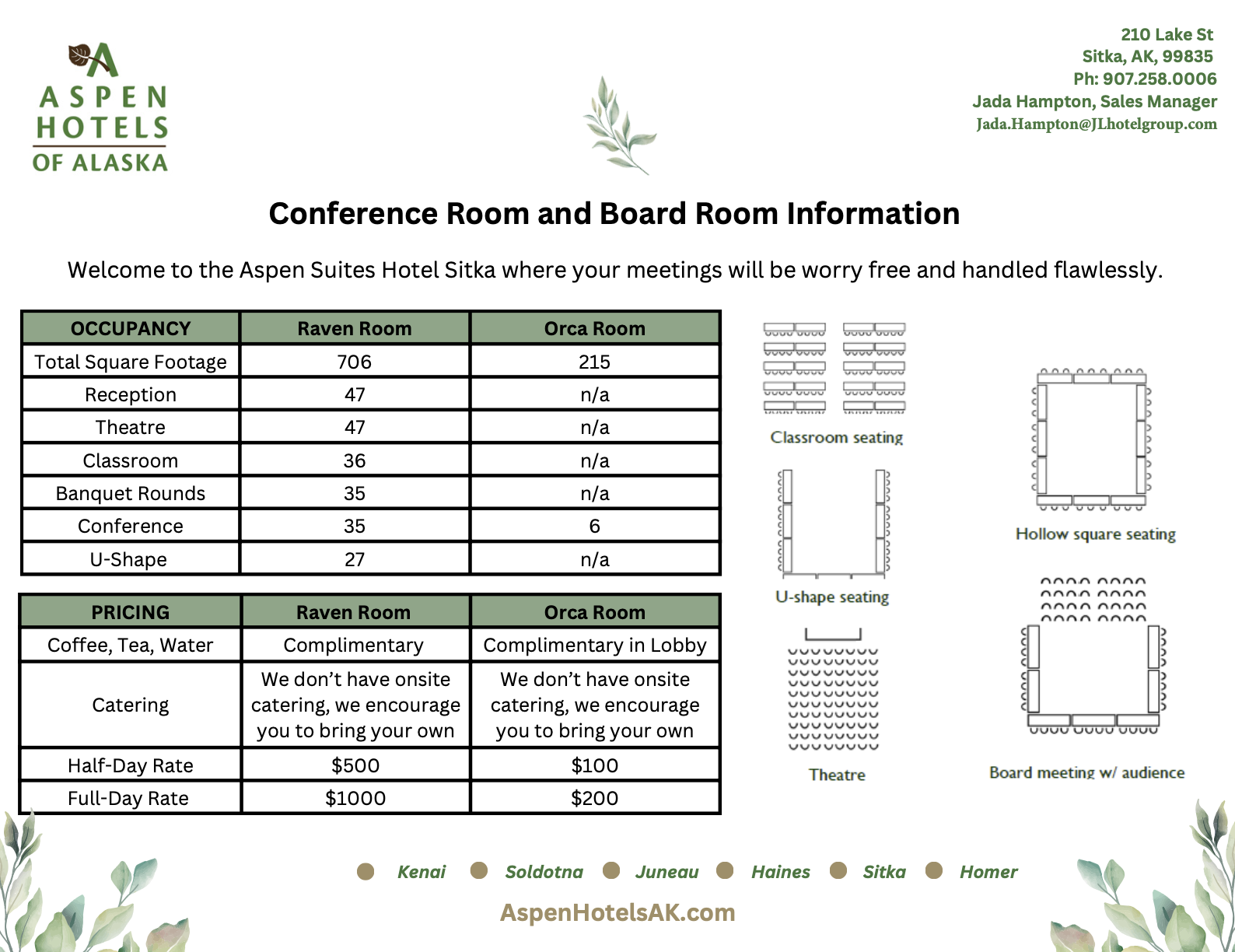 Conference Room and Board Room information for Aspen Suites Hotel in Sitka, Alaska
